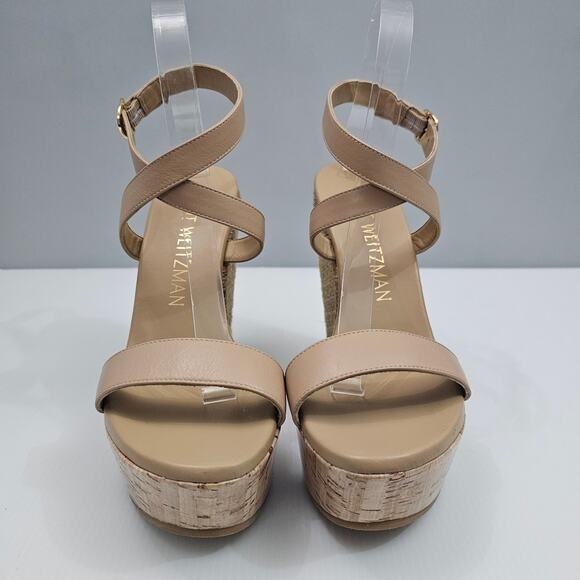 NEW Stuart Weitzman 5050 Wedge Womens 9 Tan Leather Raffia Cork Platform Heel - Picture 4 of 13